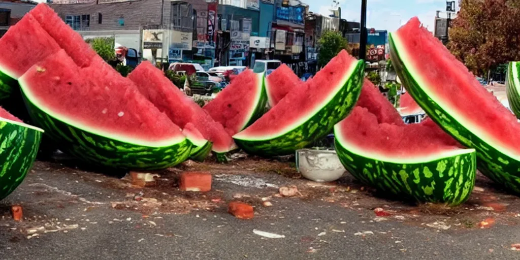 Image similar to YouTube thumbnail about giant watermelon rampage town