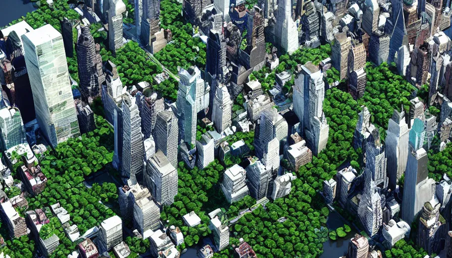 Prompt: Wide angle of New York City with lots of vegetation, water and white buildings, hyperdetailed, artstation, cgsociety, 8k