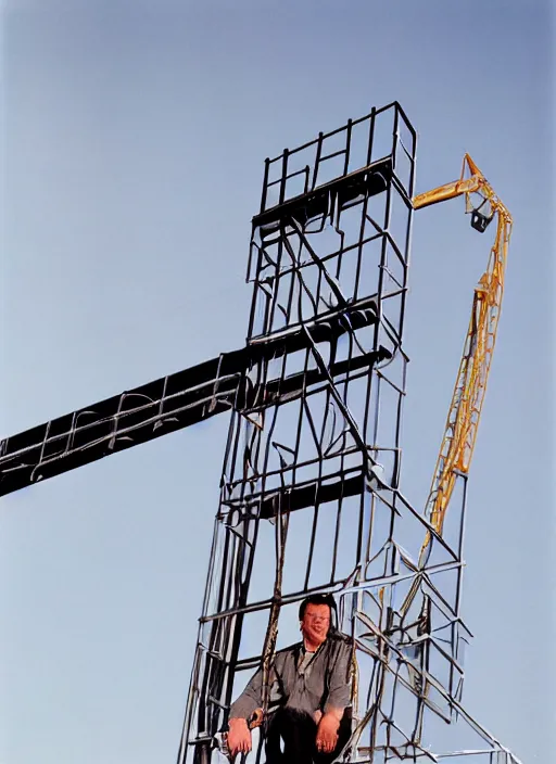 Image similar to cbrian cranston with a long construction crane neck, metal bars, natural light, bloom, detailed face, magazine, press, photo, steve mccurry, david lazar, canon, nikon, focus