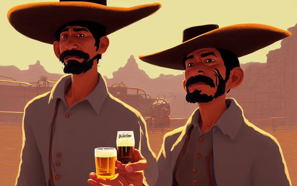 Prompt: juan caloto beer illustration of a mexican man,, with one small, dirt, wild west, with hat, drinking a beer at train station, fantasy, intricate, elegant, highly detailed, digital painting, artstation, concept art by makoto shinkai, ilya kuvshinov, lois van baarle, rossdraws, basquiat,