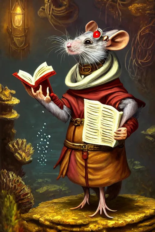 Prompt: classic oil painting, an anthropomorphic bipedal rat that is dressed as a medieval librarian, as a dnd character, standing under the sea, cottagecore, highly detailed, digital illustration, concept art, smooth, sharp focus