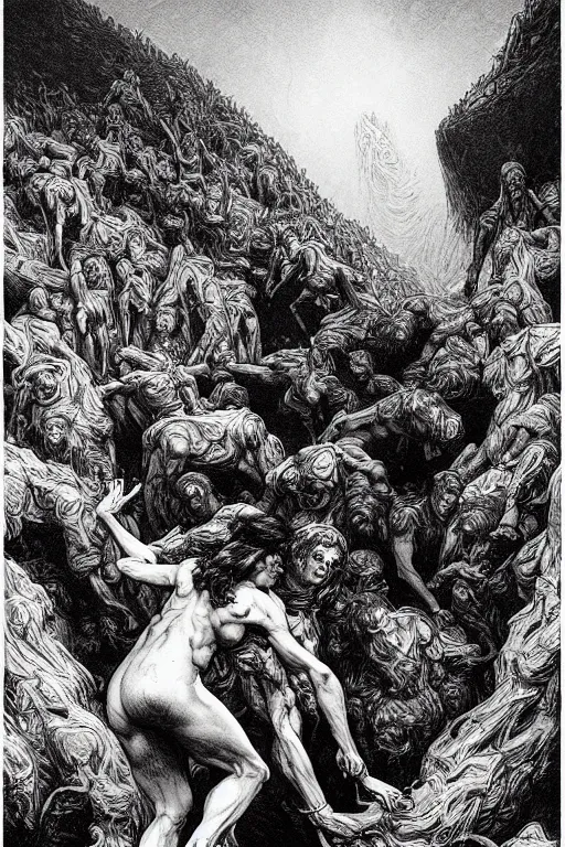 Image similar to colorful!!! dante inferno by laurie greasley and bouguereau, ( ( etching by gustave dore ) ), ultraclear intricate, sharp focus, highly detailed digital painting illustration, concept art, masterpiece