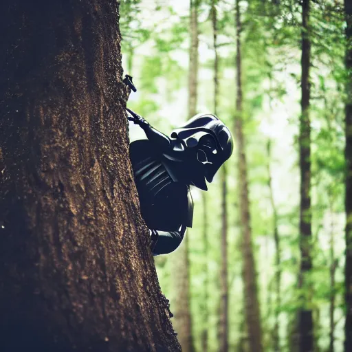 Prompt: high quality photo of darth vader climbing behind a tree, photography 4k, f1.8 anamorphic, bokeh, 4k, Canon, Nikon