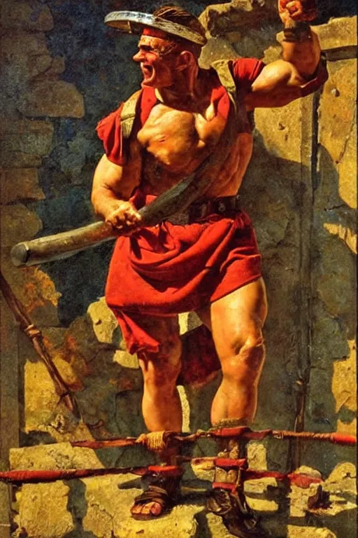 Image similar to popeye as a gladiator in ancient rome, masterpiece, dramatic light and shadow, saturated colors, ciaroscuro. painted by norman rockwell