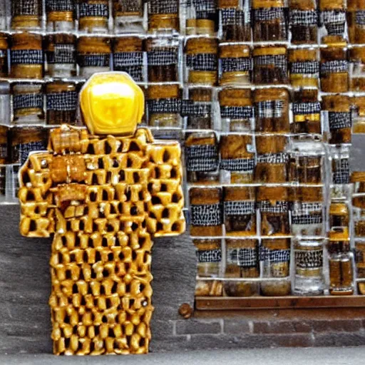 Prompt: a knight made of honey jars