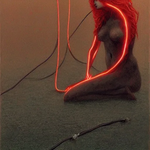 Prompt: evil, shore of the lake, woman, wrapped around by tubes and cables, short black curly hair, glowing red, by edgar maxence and ross tran, zdzisław beksinski, and michael whelan, distant, gustav dore, h. r. giger, 8 k, octane render