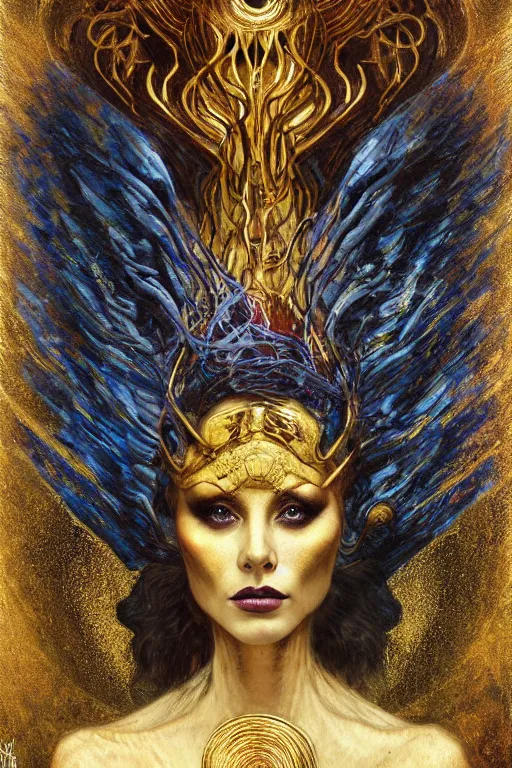 Prompt: Intermittent Chance of Chaos Muse by Karol Bak, Jean Deville, Gustav Klimt, and Vincent Van Gogh, trickster, enigma, Loki's Pet Project, Poe's Angel, Surreality, inspiration, imagination, muse, otherworldly, fractal structures, arcane, ornate gilded medieval icon, third eye, spirals