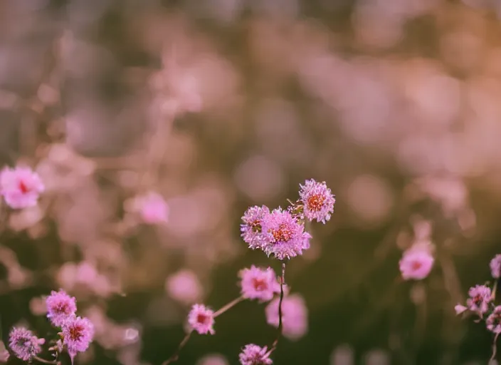 Image similar to a magical forest with delicate flowers that glow in the dusk, macro close up, bokeh,