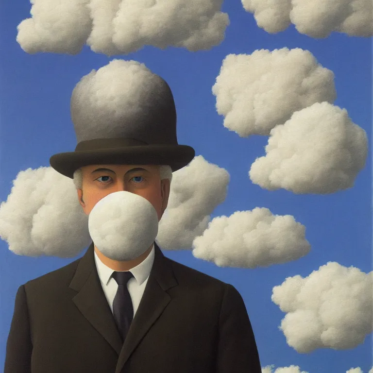 Image similar to portrait of a cloud faced man, by rene magritte, centered, detailed painting, hd, hq, high resolution, high detail, 4 k, 8 k