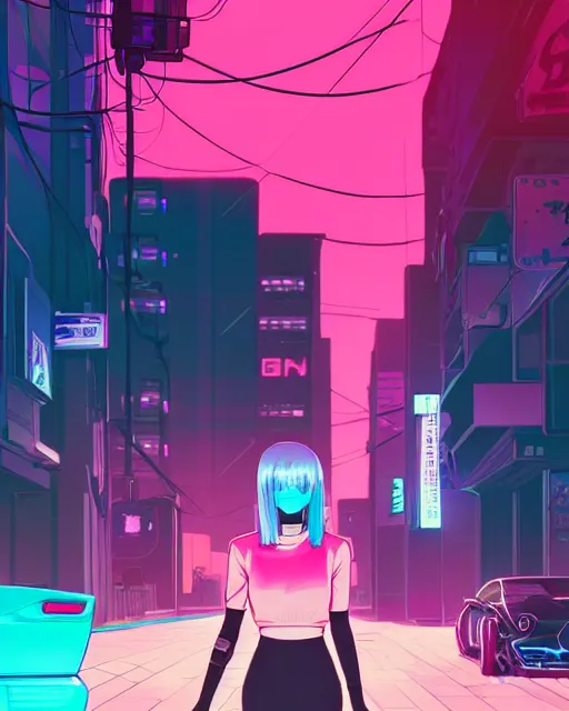 Image similar to digital illustration of cyberpunk pretty girl with pink hair, standing by a blue ford gt in a street at night, under streetlights, by makoto shinkai, ilya kuvshinov, lois van baarle, rossdraws, basquiat