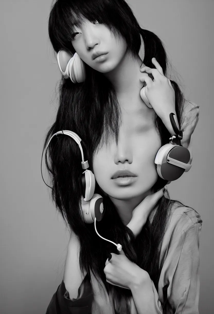 Image similar to single japanese young woman waist up portrait, headphones listening to music, elegant as fashion editorial shot, highly detailed, smooth, sharp focus, dramatic lighting, photo by vogue