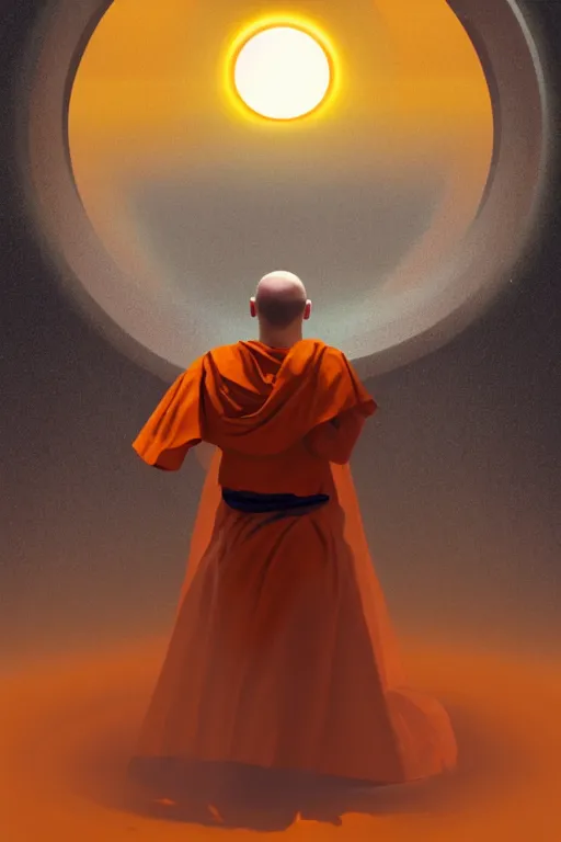 Prompt: portrait of a monk in a spaceship, round window, exploding planet, orange robe, dramatic lighting, artstation, matte painting, ralph mcquarrie