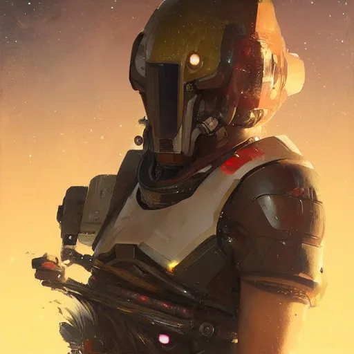 Prompt: a beautiful portrait of a space bounty hunter by Greg Rutkowski, trending on Artstation