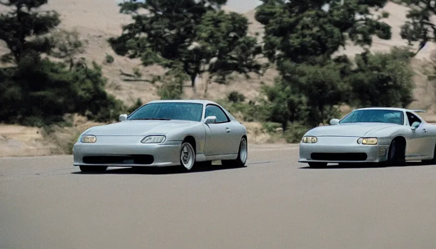 Prompt: movie still. The Fast and the Furious, 2001. Toyota Supra, 1994, 1995, 1996, 1997, 1998, cinematic, 8k, depth of field, bokeh. brian spilner, paul walker, dominic toretto, vibrant accents