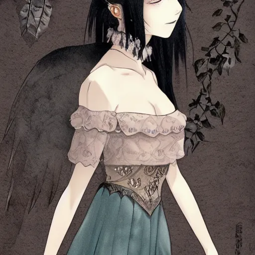 Prompt: dark haired girl, goth style, raven on her shoulder, pale gentle face, intricate detailed outfit, art by sakimichan, studio ghibli