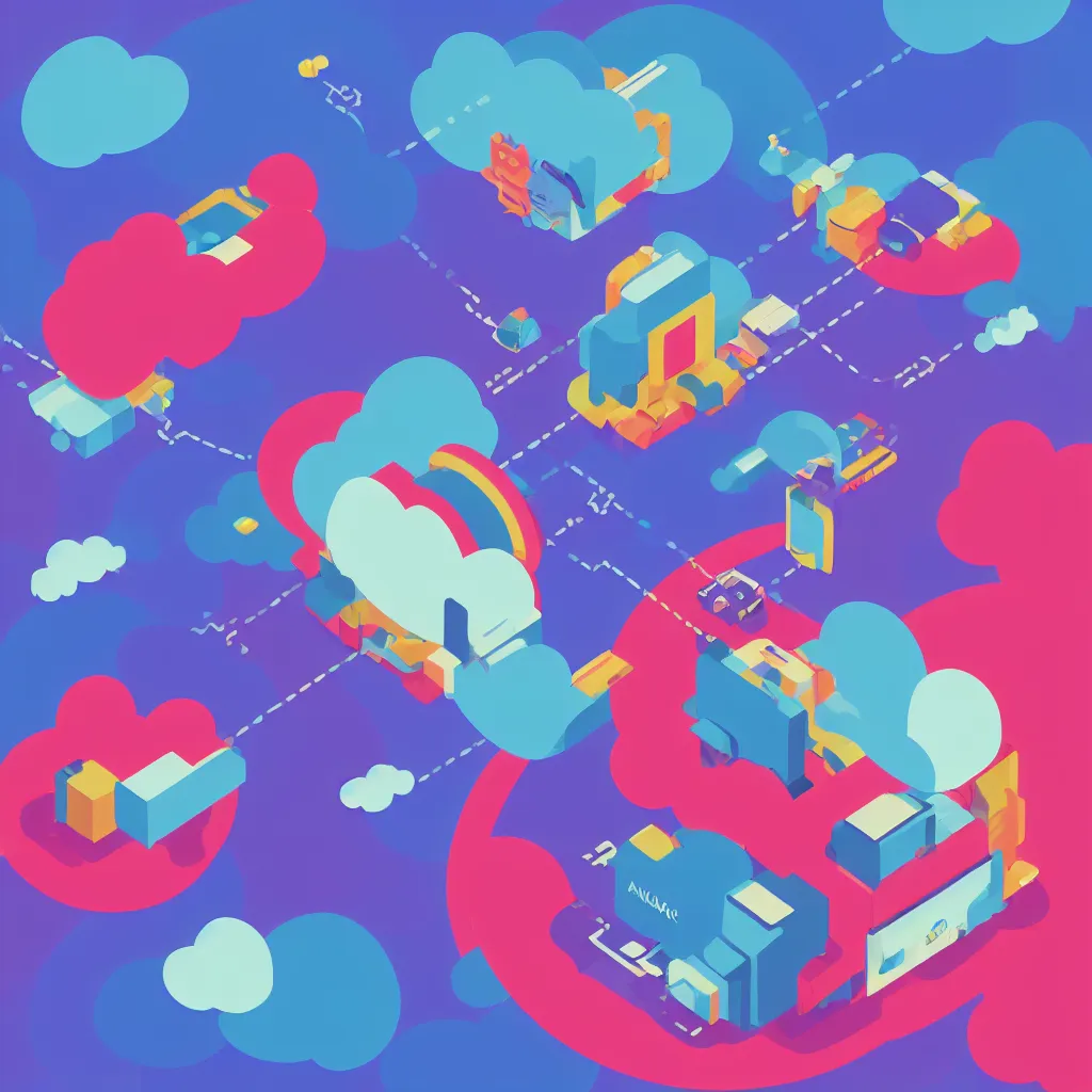 Image similar to a simple micro-service deployed to a public cloud, security, attack vector, trending on Artstation, painting by Jules Julien, Leslie David and Lisa Frank, muted colors with minimalism