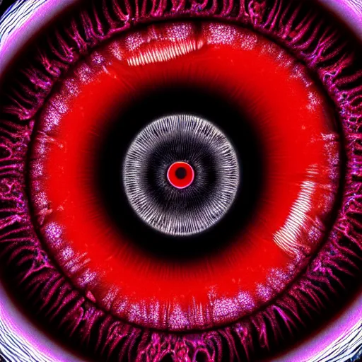 Image similar to a detailed extremely close up of inside the iris, cornea, red image, microscopic, extremely close up drawing by junji ito, cgsociety, generative art, lovecraftian, parallax, cosmic horror, extremely detailed, hyperrealism, unreal engine, octane render, award winning, masterpiece, highly detailed, realistic, 4 k, digital