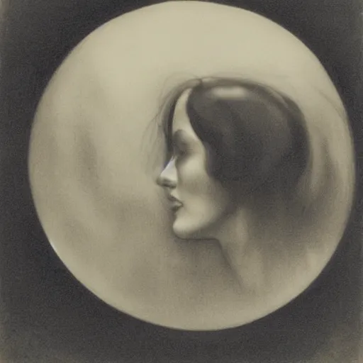 Prompt: the profile of a woman's face looking down at a group of unidentifiable humans cowering in a circle, dark mood, accentuated shadows, in style of william mortensen