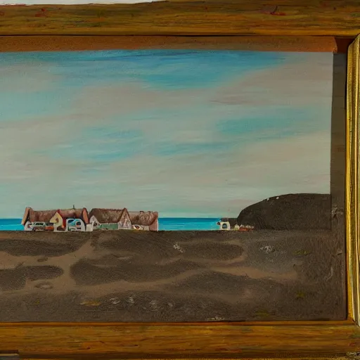 Prompt: a painting of a seaside cliff with a beach at the bottom, and small huts in the beach, about to ne washed away by the ocean