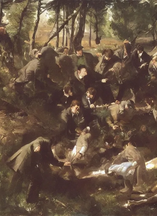 Prompt: artwork painting of the members of the mob dumping a body by eugene von guerard, ivan shishkin, john singer sargent