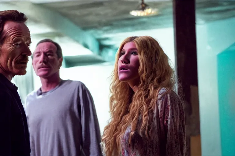 Prompt: film still of bryan cranston and kesha in cosmic horror! the musical by david cronenberg, budapest street background, 3 5 mm film, atmospheric, ultra fine detail, film grain, photorealistic, hyperrealistic