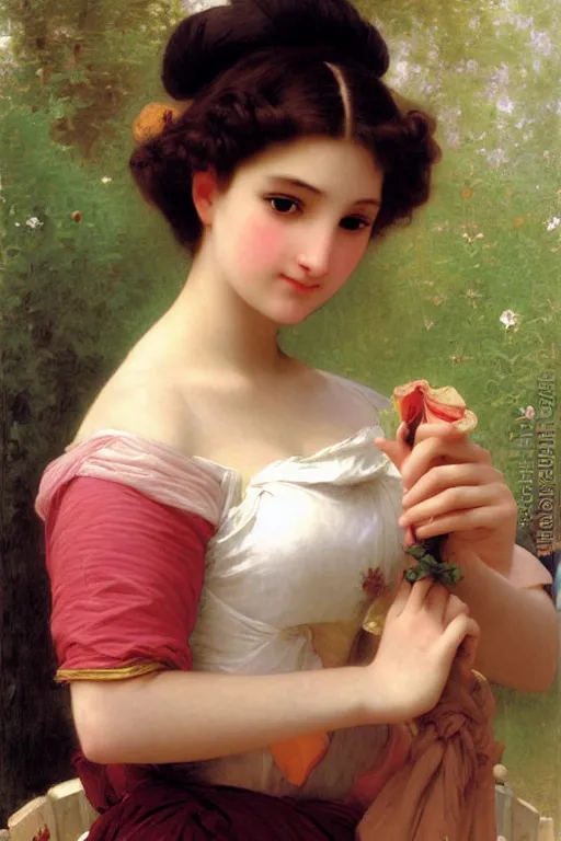 Image similar to princess peach, painting by william adolphe bouguereau