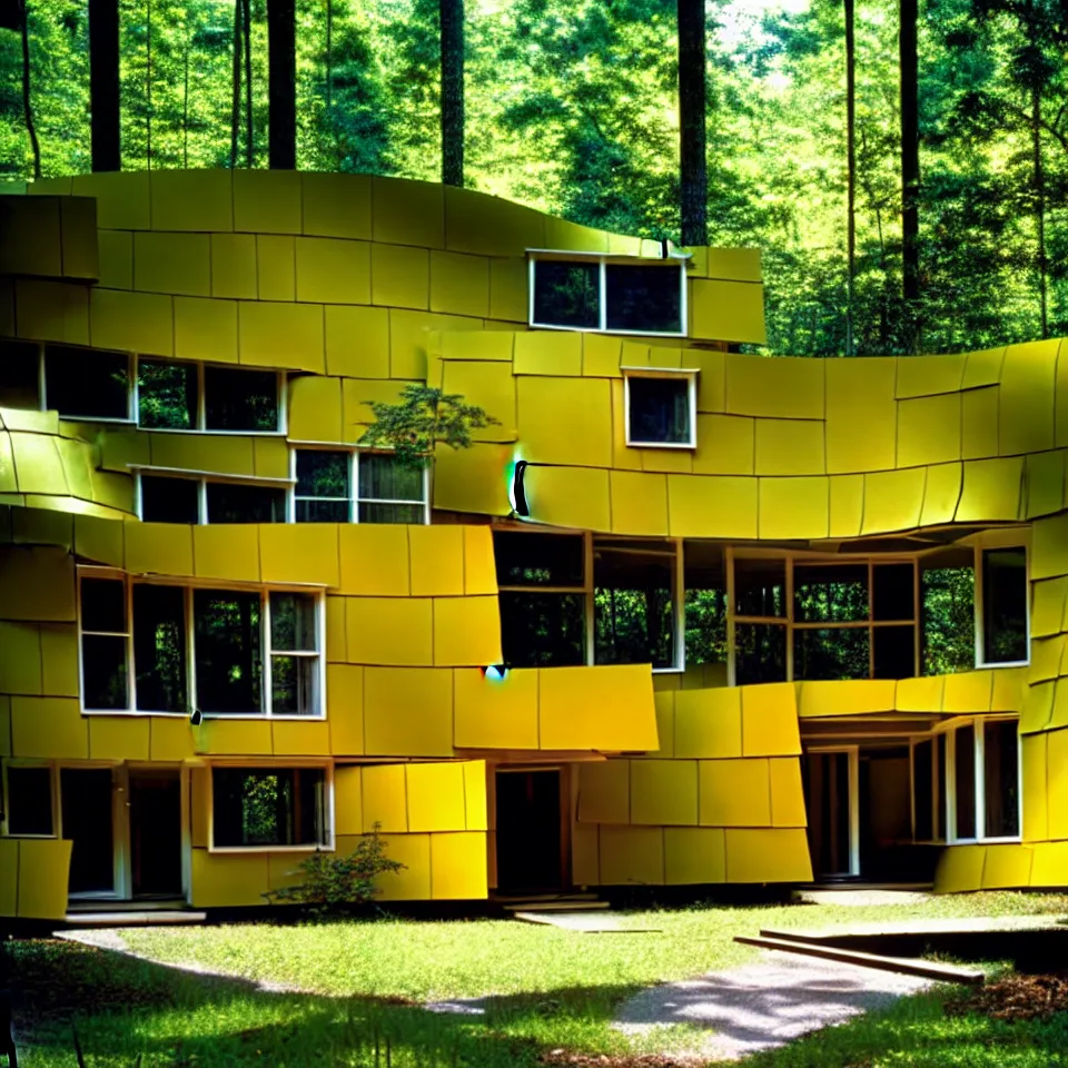 Image similar to a mid-century modern house with big tiles, from far away, in a forest, designed by Frank Gehry. Film grain, cinematic, yellow hue