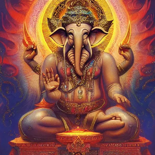 Image similar to artstation, intricate details, hyper details, by gilbert williams, deva ganesha in their palace and sacred realm, eastern mysticism, spiritual alchemy, esoteric, ether, 5 th element, dark energy dark matter, hermetic,