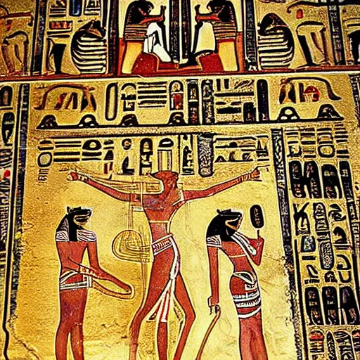 Prompt: ancient egyptian hieroglyphics with depiction of humans worshipping cats. high definition, gold plated, high contrast.