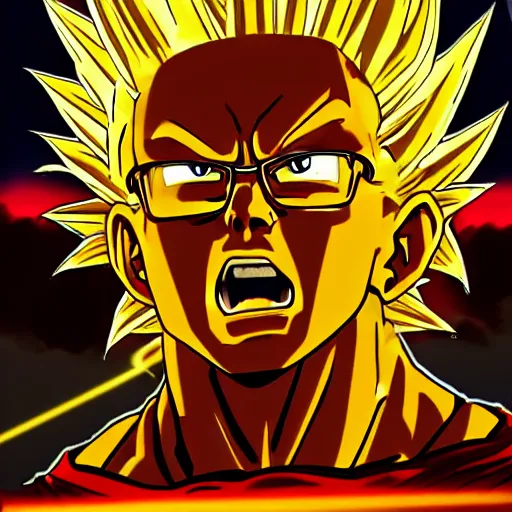 Prompt: portrait of Bernie Sanders from dragon ball z with glowing golden aura, super saiyan 3, yellow spiky hair, high quality photo