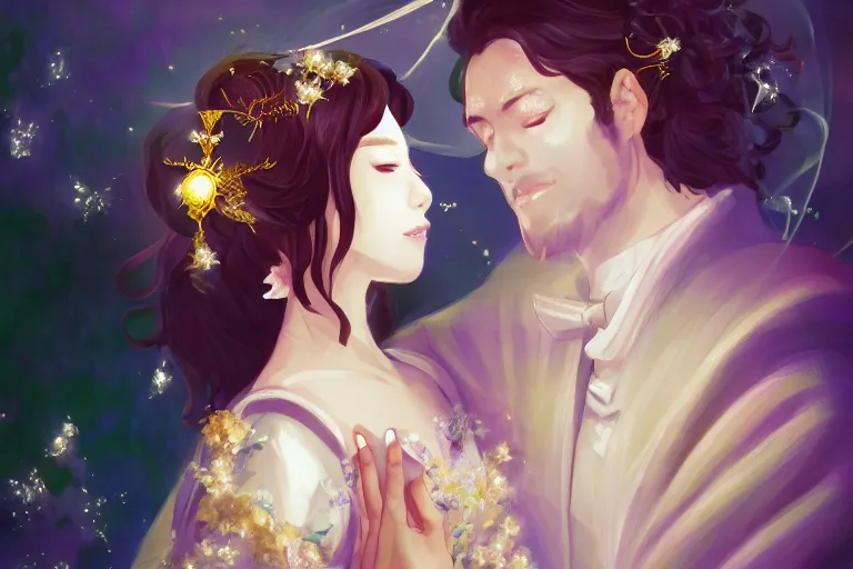 Image similar to a cinematic portrait of wedding photograph jpeg close up moment of a divine a japan sun god and moon goddess lovers magician at a wedding banquet. portraiture. digital painting. artstation. concept art. wedding photo. digital painting. violet evergarden art masterpiece by art by krenz cushart