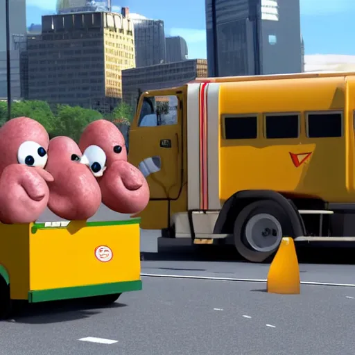 Image similar to human potatoes driving a mail truck going to heinz field in pittsburgh real life, 8 k, 4 k uhd, realistic, hyper realistic, super detailed, very detailed, detailed