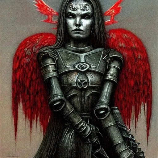 Prompt: Gloomy gothic girl angel in armor in style Warhammer 40000 by zdislav beksinski