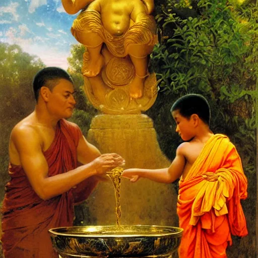 Image similar to old srilankan buddhist monk pouring liquid gold like water into buddhist monk kid head in baroque style, painting by gaston bussiere, craig mullins, j. c. leyendecker, lights, art by ernst haeckel, john william godward, hammershøi,