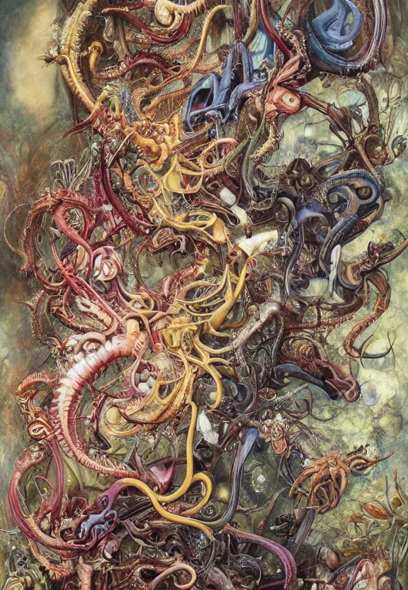 Prompt: simplicity, elegant, colorful muscular eldritch orchids, lilies, flowers, bodies, neon radiating from fractal, mandalas, by h. r. giger and esao andrews and maria sibylla merian eugene delacroix, gustave dore, thomas moran, pop art, giger's biomechanical xenomorph, art nouveau