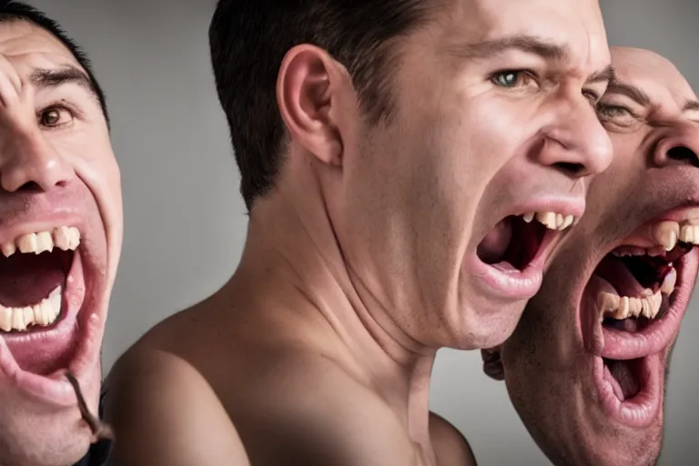 Image similar to picture of two angry men with gigantic mouths screaming at eachother beautiful lighting studio portrait full shot