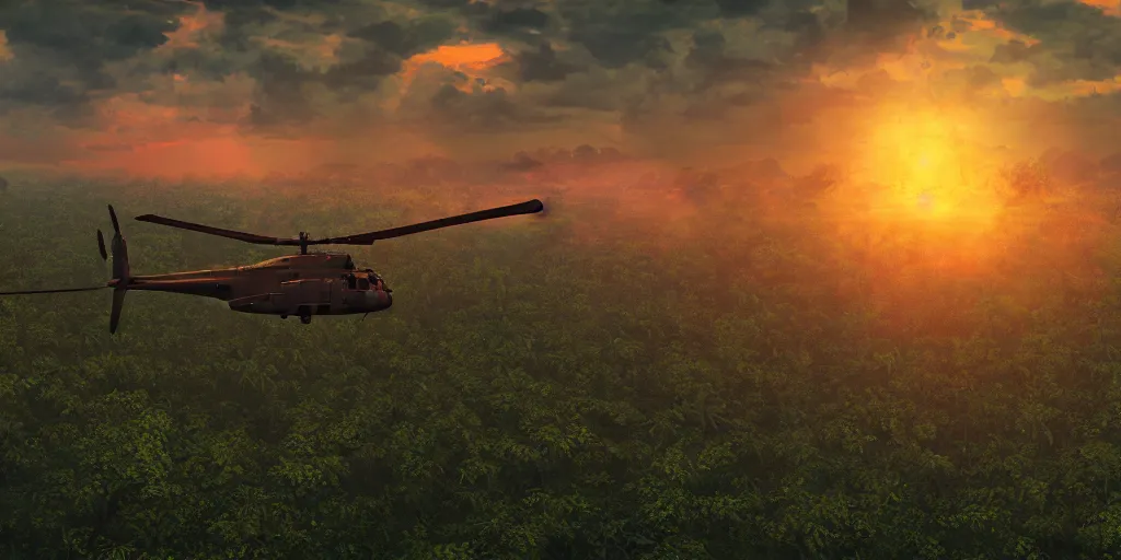 Image similar to Painting of vietnam Huey Helicopters, above a forest, orange sun set, abstract, realism, 8k, high details, octane render, glow, war, 3d render,