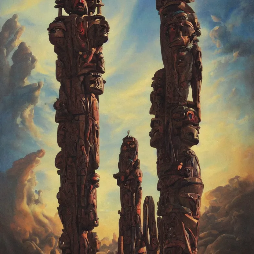 Image similar to painting of a futuristic totem pole. pulp sci - fi art for omni magazine. high contrast. dark background. baroque period, oil on canvas. renaissance masterpiece. muted colors, soft gradients trending on artstation. retrofuturism.