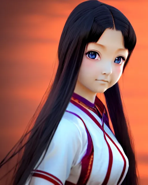 Prompt: render as a very beautiful 3d anime girl, wearing assamese bihu mekhela sador gamosa dress, long braided black hair, hazel eyes, full round face, short smile, assam tea garden setting, cinematic lighting, medium shot, mid-shot, highly detailed, trending on Artstation, Unreal Engine 4k, daz studio genesis iray ultra hd, cinematic wallpaper by Stanley Artgerm Lau, anime masterpiece,