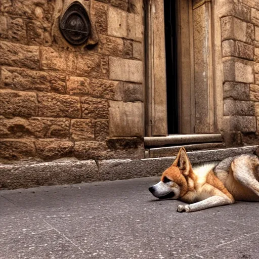 Image similar to dingo coyote mix dog lying on the street in ancient florence, high quality digital art, cinematic lighting, moody lighting