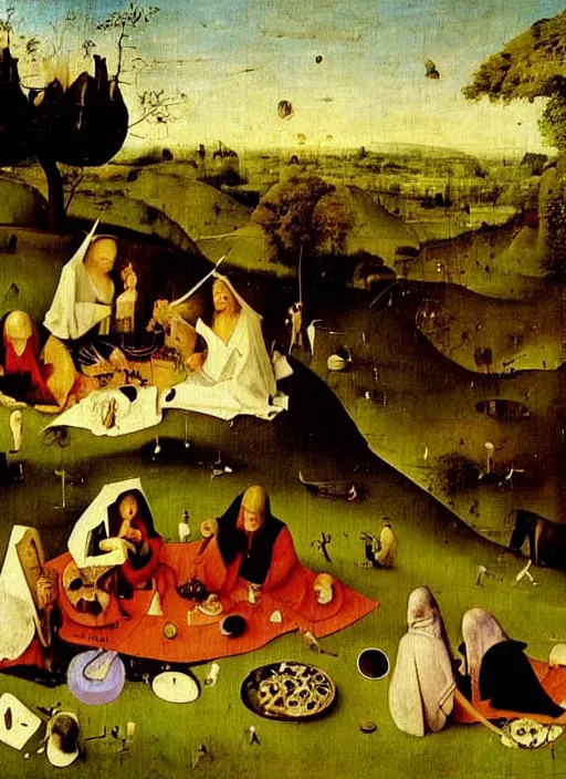 Image similar to Picnic on the Hills by Hieronymus Bosch, surreal oil painting, highly detailed, dream like, masterpiece