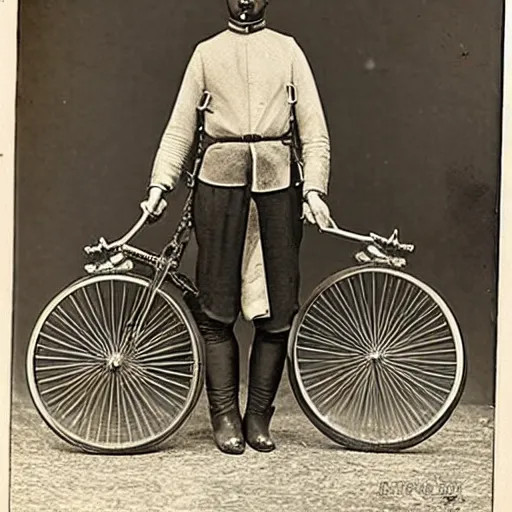 Prompt: a vintage photo of a knight in armor riding a pennyfarthing bicycle-H 768