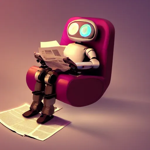 Image similar to futuristic super cute lonely matte brown and red full-body humanoid robot with two huge round expressive sad purple glowing LED eyes and open rectangular mouth sitting on a large comfortable cushioned 1950s vintage recliner reading a newspaper. open newspaper. Cinematic Movie Photograph, Arri Alexa, Extremely Detailed, smooth, very very clean, 8K, octane render, maya render, unreal engine, trending on artstation, DSLR, excellent composition, center frame