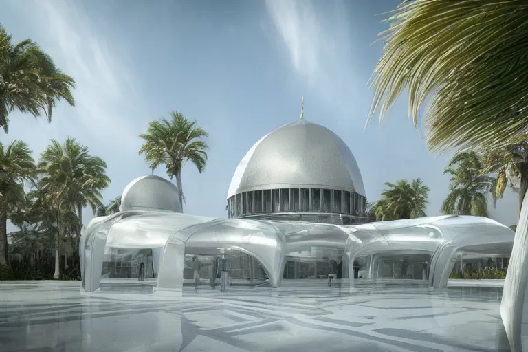 Prompt: futuristic translucent iridescent mosque architecture by Buckminster Fuller, sunshine, lush lawn, shadows, spaceship, complex, detailed, pearlescent, white panels, dome, palm trees, symmetry, glass, 3d printed, cinematography by denis Villeneuve, realistic, hyper real, octane render