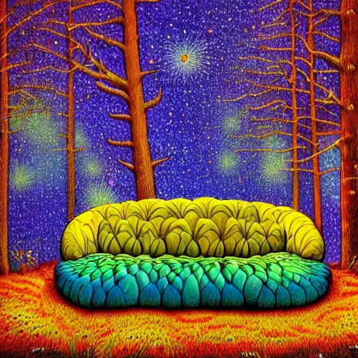 Prompt: psychedelic couch sofa in the pine forest and poplar forest, goose, milky way, designed by moebius, rob gonsalves, gustav dore, giuseppe arcimboldo and carl barks, louis wain, trending on artstation, canada, star, sharp focus, colorful refracted sparkles and lines, soft light, 8 k 4 k