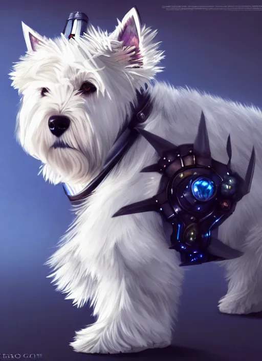 Image similar to a west highland white terrier, anime art style, wearing futuristic, led - lit armor, and a cannon mounted on his back, portrait, high detail, sharp focus, digital painting, artstation, concept art, art by hayao miyazaki and artgerm and greg rutkowski and alphonse mucha.