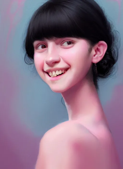 Image similar to portrait of teenage girl, realistic, black hair, bangs, half updo hairstyle, pointy nose, skinny, smile, ugly, defined jawline, big chin, pink hair bow, earrings, intricate, elegant, glowing lights, highly detailed, digital painting, artstation, sharp focus, illustration, art by wlop, mars ravelo and greg rutkowski