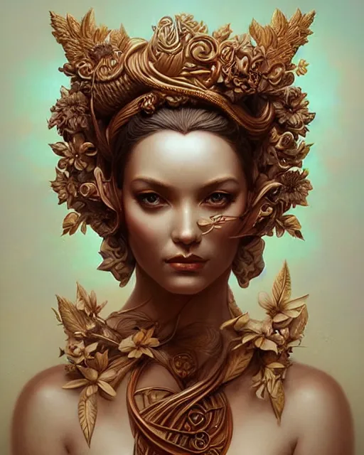 Prompt: goddess portrait, artgerm, intricately carved mahogany with gilding, floral bloom carvings, radiant lighting, 3 d, peter mohrbacher