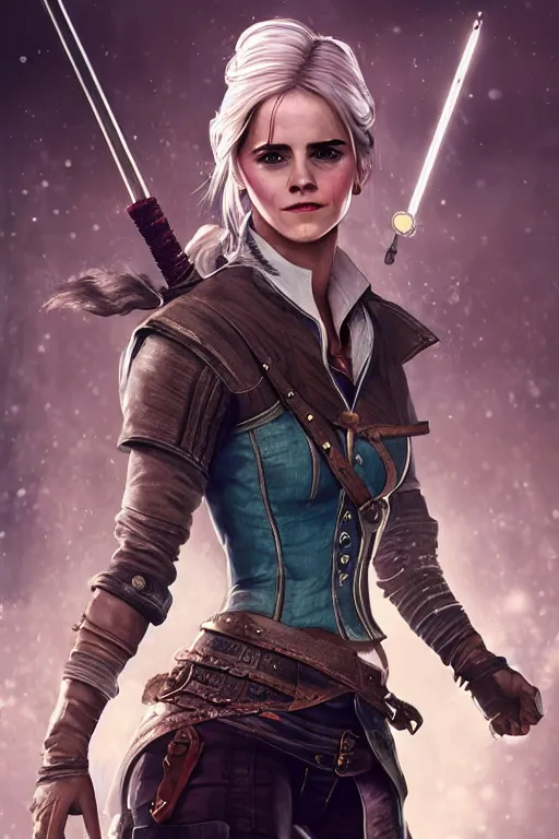 Prompt: a photo of Emma Watson as Ciri from the Witcher 3 wearing a cyberpunk outfit, fantasy, intricate, beautiful, highly detailed, digital painting, artstation, concept art, smooth, high resolution, sharp focus, illustration