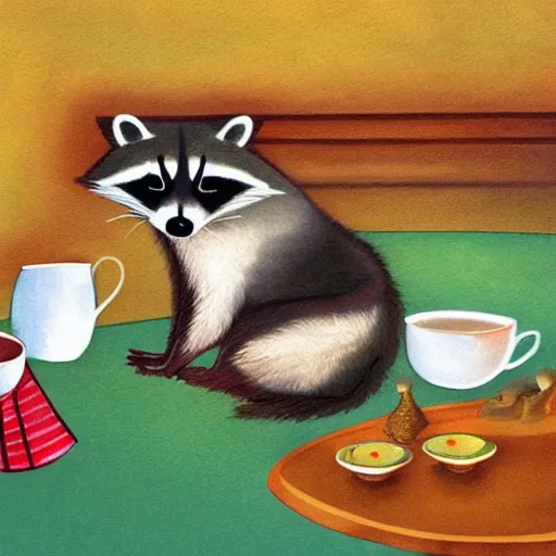 Prompt: raccoon with cup of tea by cozy fireplace, childrens book illustration, in the style of eric carle,